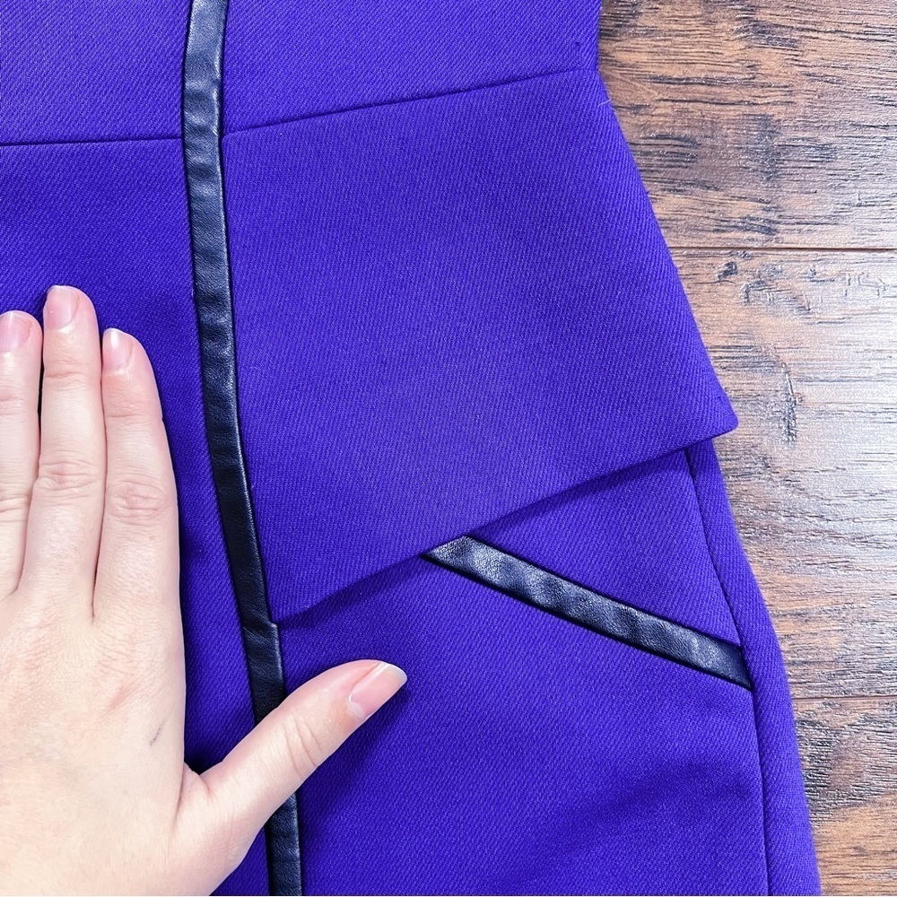 MILLY • Pipe-Trim Peplum Dress purple stretch wool black vegan leather - Picture 6 of 11